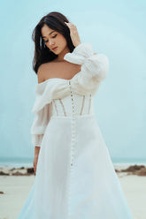 Silk Off-Shoulder Corset Maxi Dress with Button Front, Balloon Sleeves, and Front Slit for Events